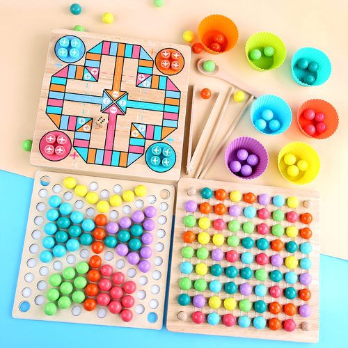 3 az 1-ben fa társasjáték, golyós kirakók, repülős sakk