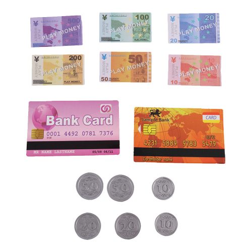 Játék bolti pénztárgép tele bevásárlókocsival, 32 db-os