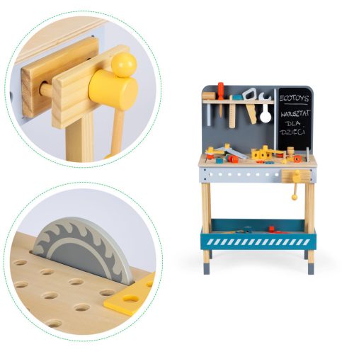 Fa barkács asztal szerszámokkalm krétatáblával 47 darab