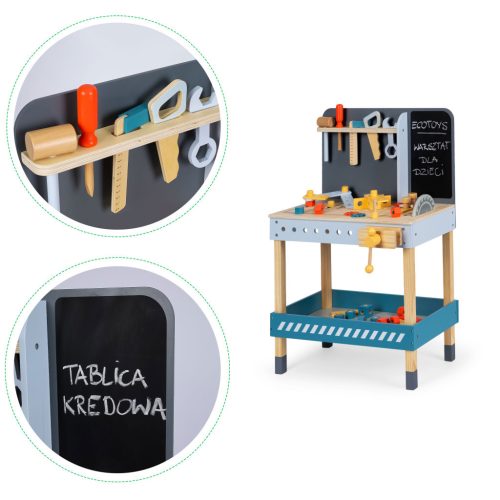 Fa barkács asztal szerszámokkalm krétatáblával 47 darab